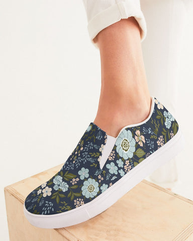 Flower pattern green blue Women's Slip-On Canvas Shoe