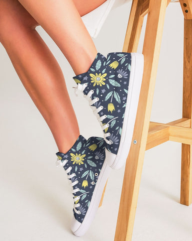 flower pattern yellow blue Women's Hightop Canvas Shoe