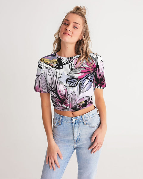 Butterflies &  flowers Women's Twist-Front Cropped Tee