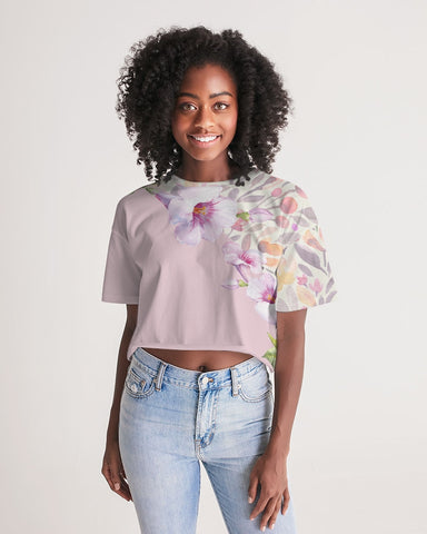 purple watercolor flower print Women's Lounge Cropped Tee