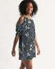 Flower pattern green blue Women's Open Shoulder A-Line Dress