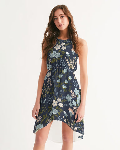 Flower pattern green blue Women's High-Low Halter Dress