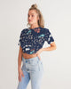 flower pattern BLUE Women's Twist-Front Cropped Tee