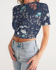 flower pattern BLUE Women's Twist-Front Cropped Tee