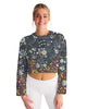 Flower pattern green blue Women's Cropped Sweatshirt