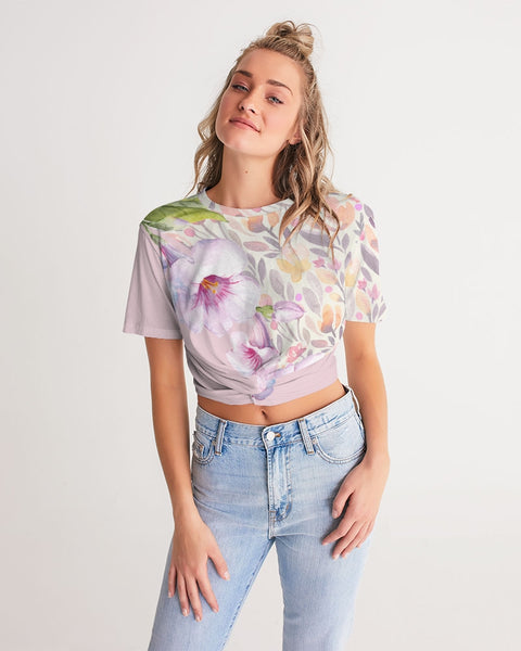 purple watercolor flower print Women's Twist-Front Cropped Tee