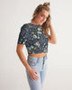 Flower pattern green blue Women's Twist-Front Cropped Tee