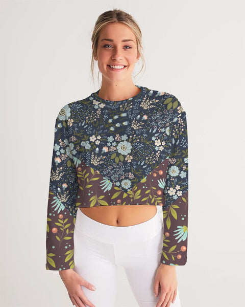 Flower pattern green blue Women's Cropped Sweatshirt