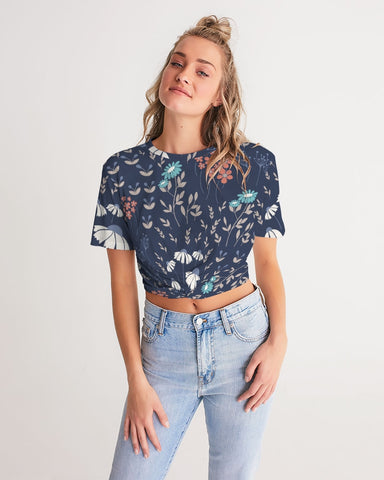 flower pattern BLUE Women's Twist-Front Cropped Tee