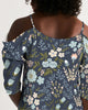 Flower pattern green blue Women's Open Shoulder A-Line Dress