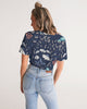 flower pattern BLUE Women's Twist-Front Cropped Tee