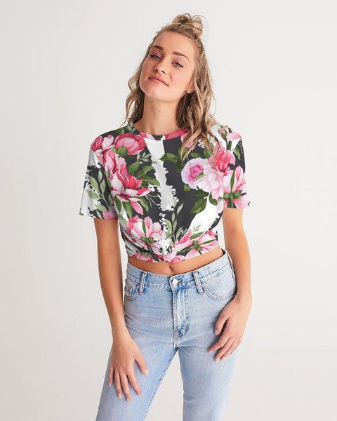 Rose Pattern Women's Twist-Front Cropped Tee