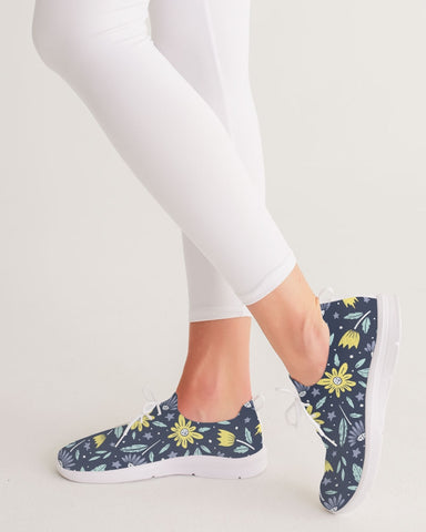 flower pattern yellow blue Women's Lace Up Flyknit Shoe