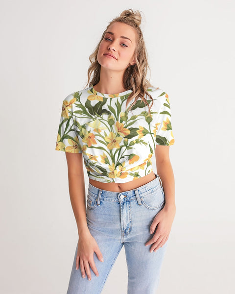 Yellow Flowers Women's Twist-Front Cropped Tee